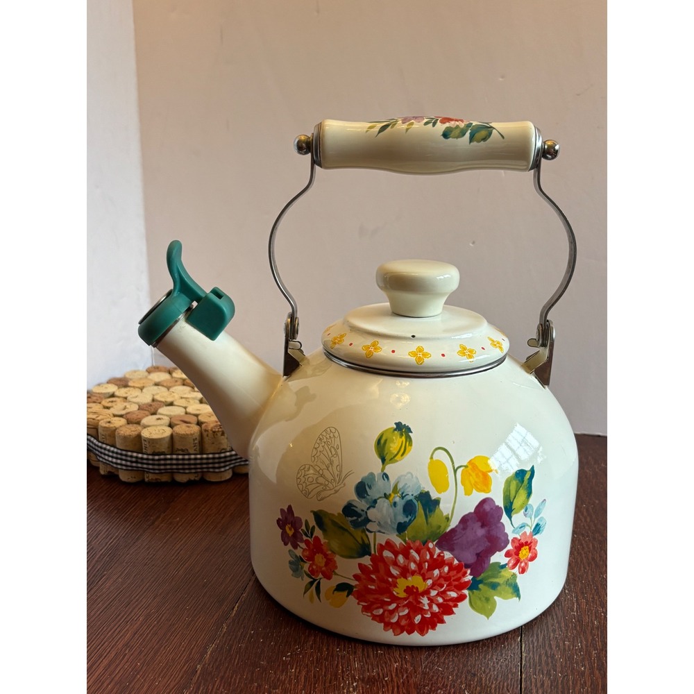 Pioneer Woman Breezy Blossom‎ Enamel on Steel Whistling Tea Kettle Floral Cream